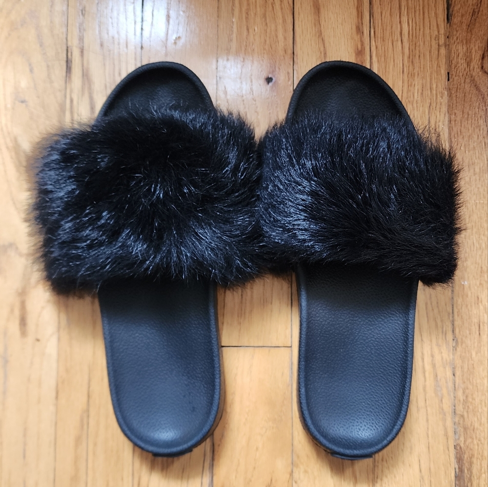 UGG Black Furry Slippers Size 9